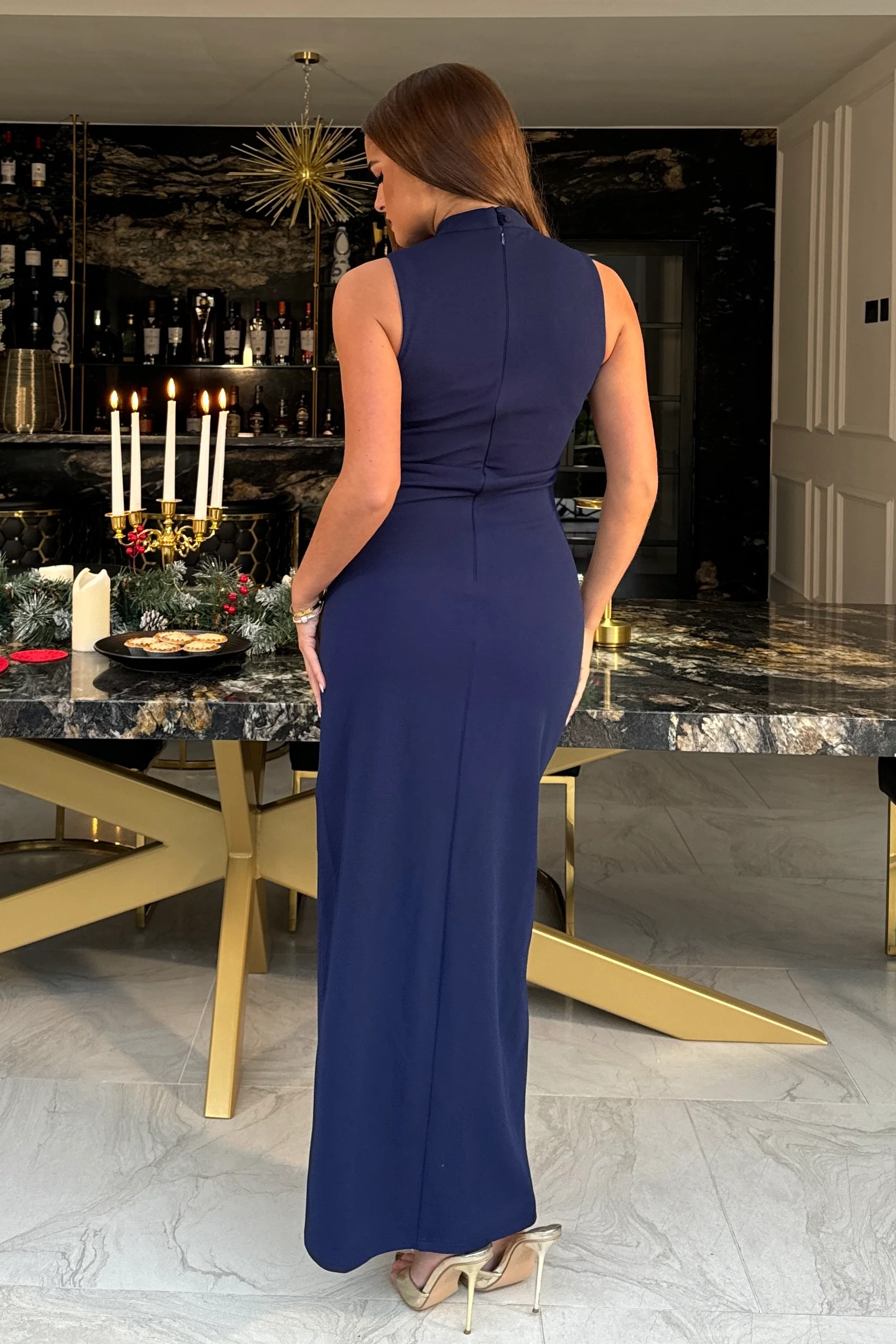Thalia High Neck Maxi With Crystal Split Detail Navy - Image 5