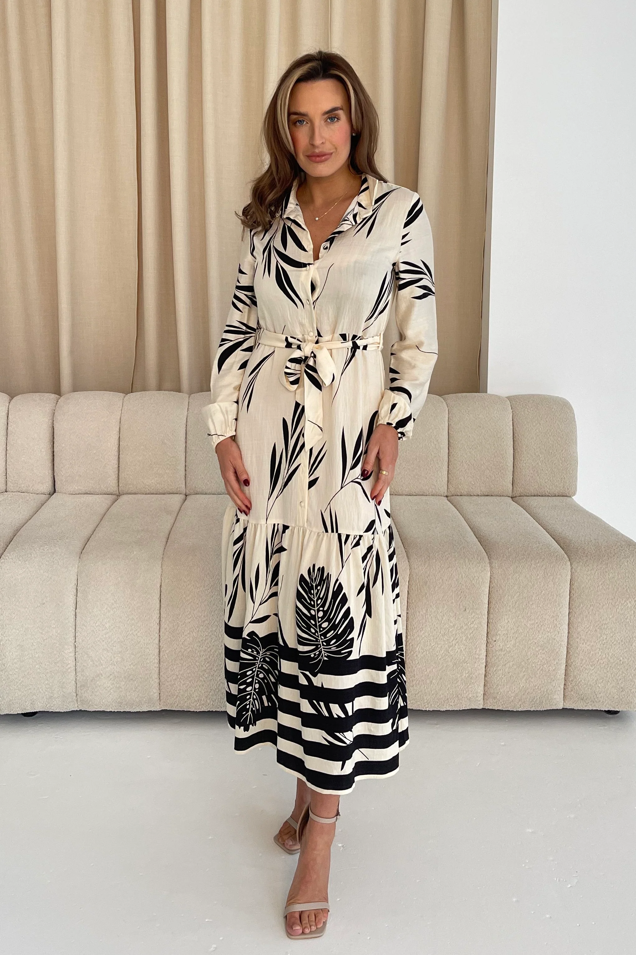 Tiana Mono Print Tiered Maxi Shirt Dress