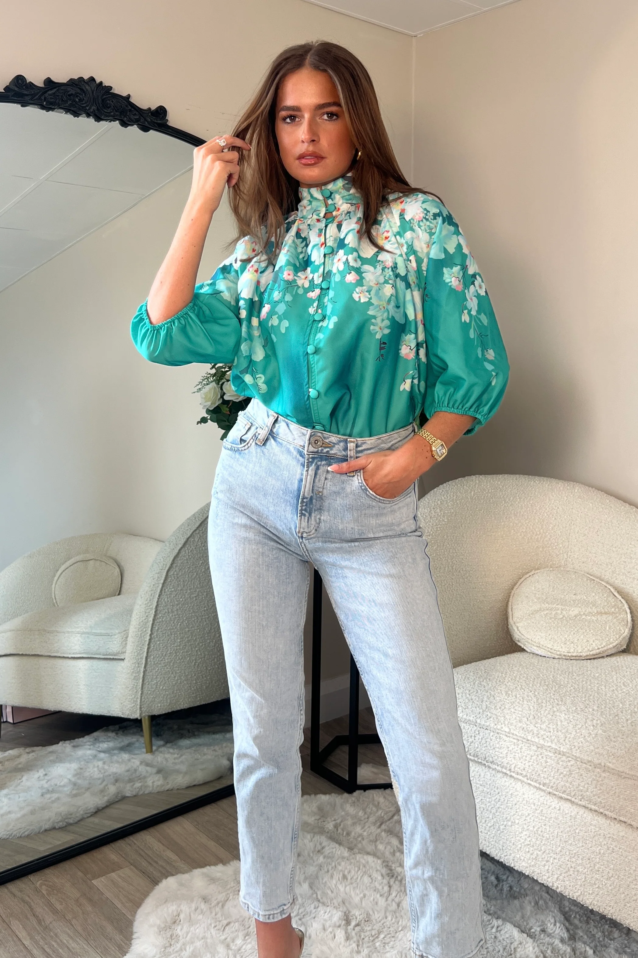 Tracey Balloon Sleeve High Neck Blouse - Image 2
