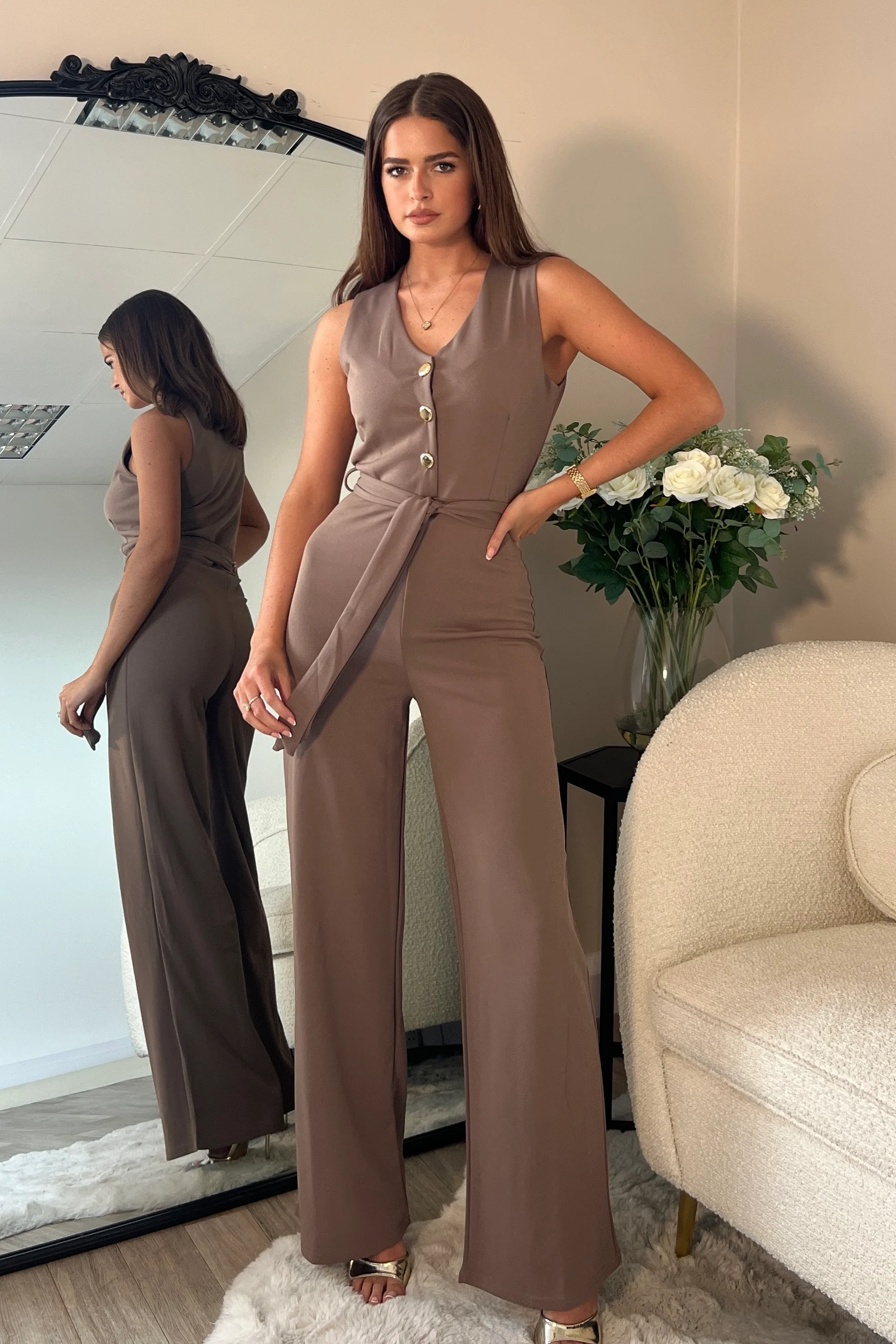 Trisha Tailored Waistcoat Jumpsuit Mocha - Image 3