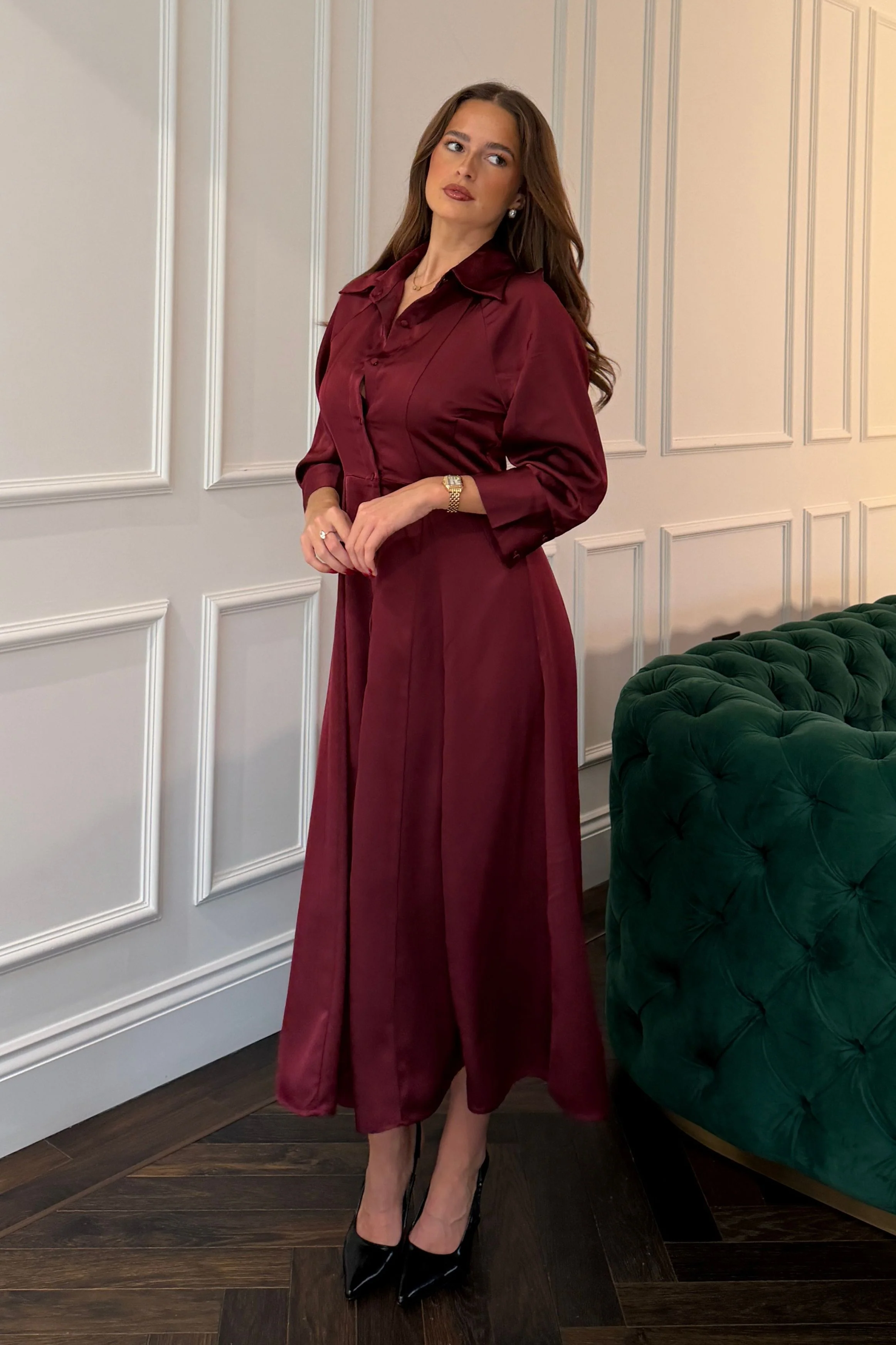 Valeria Satin Shirt Dress Berry - Image 3