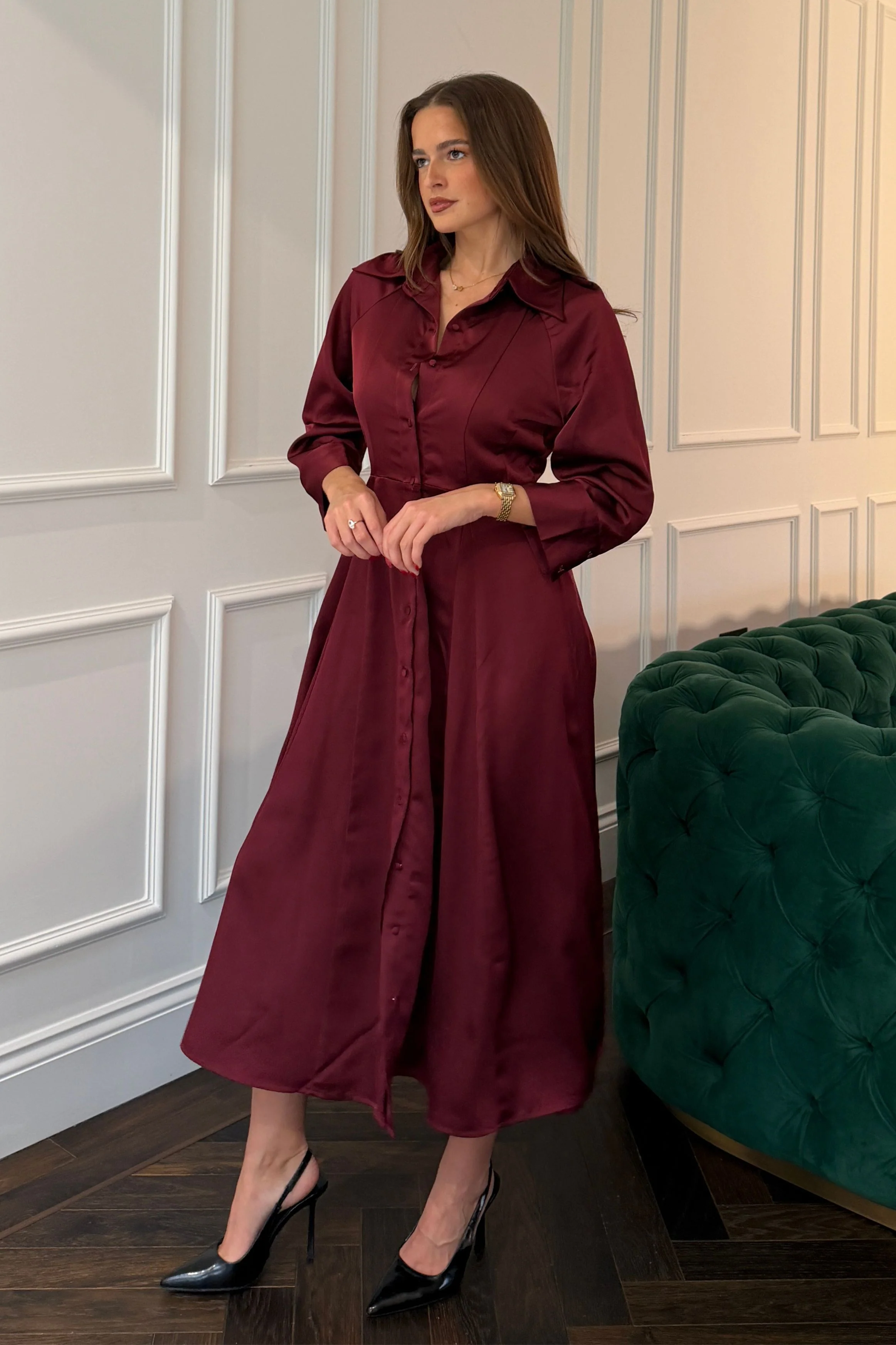 Valeria Satin Shirt Dress Berry - Image 4