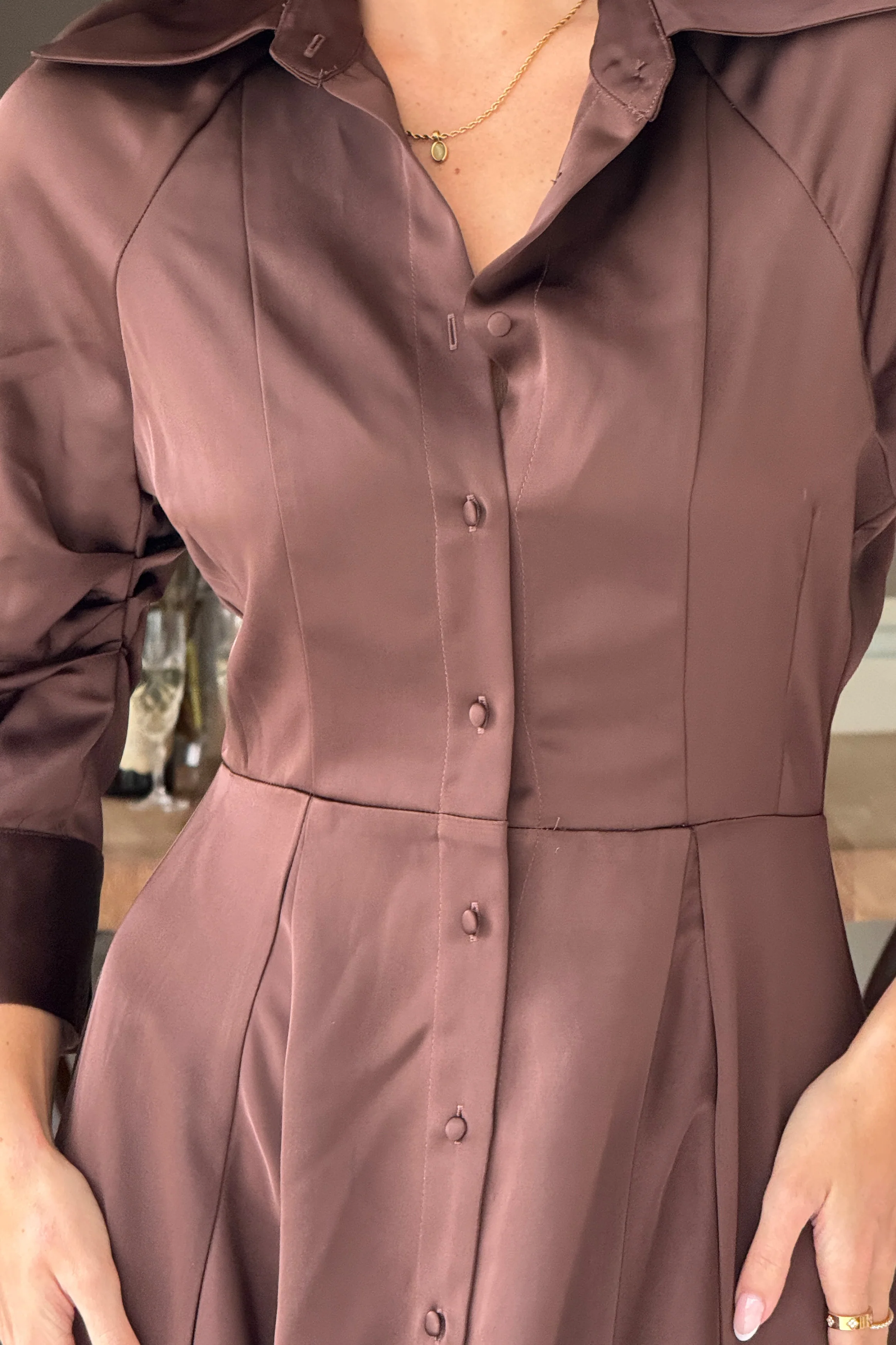 Valeria Satin Shirt Dress Chocolate - Image 2