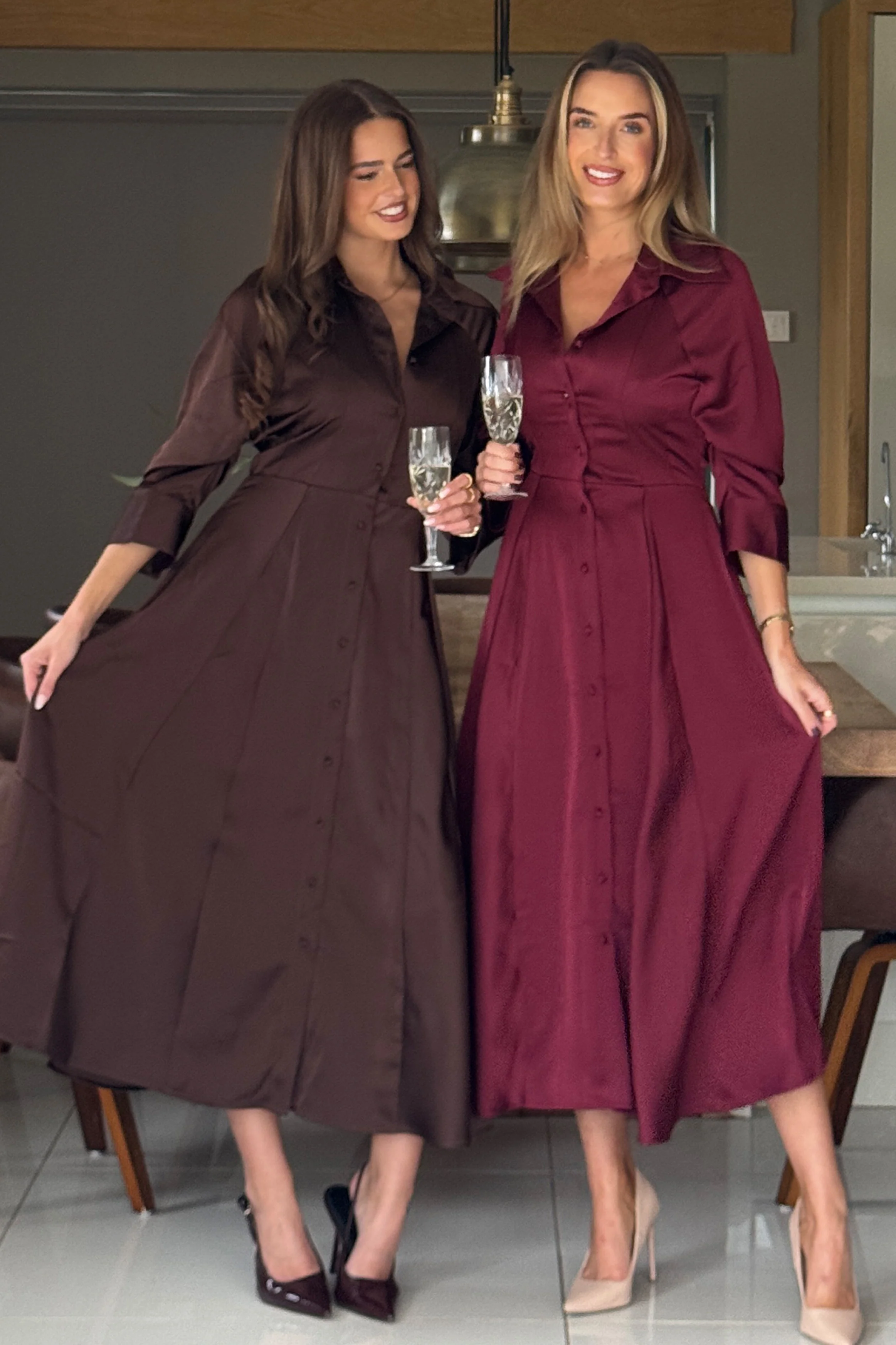 Valeria Satin Shirt Dress Chocolate - Image 3