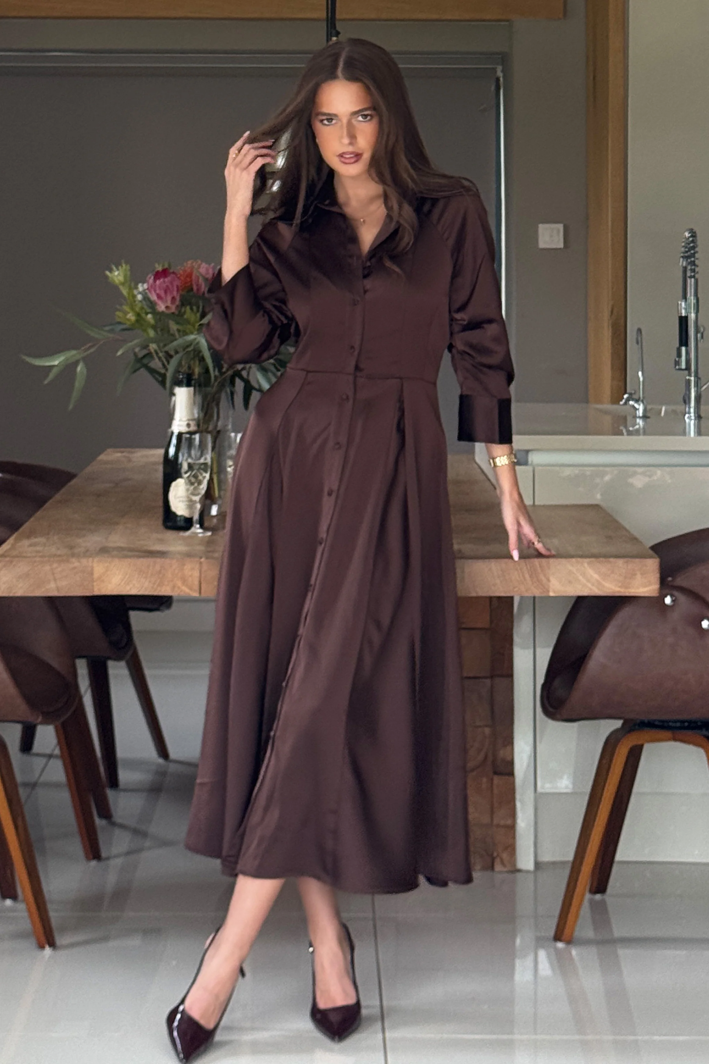 Valeria Satin Shirt Dress Chocolate - Image 4