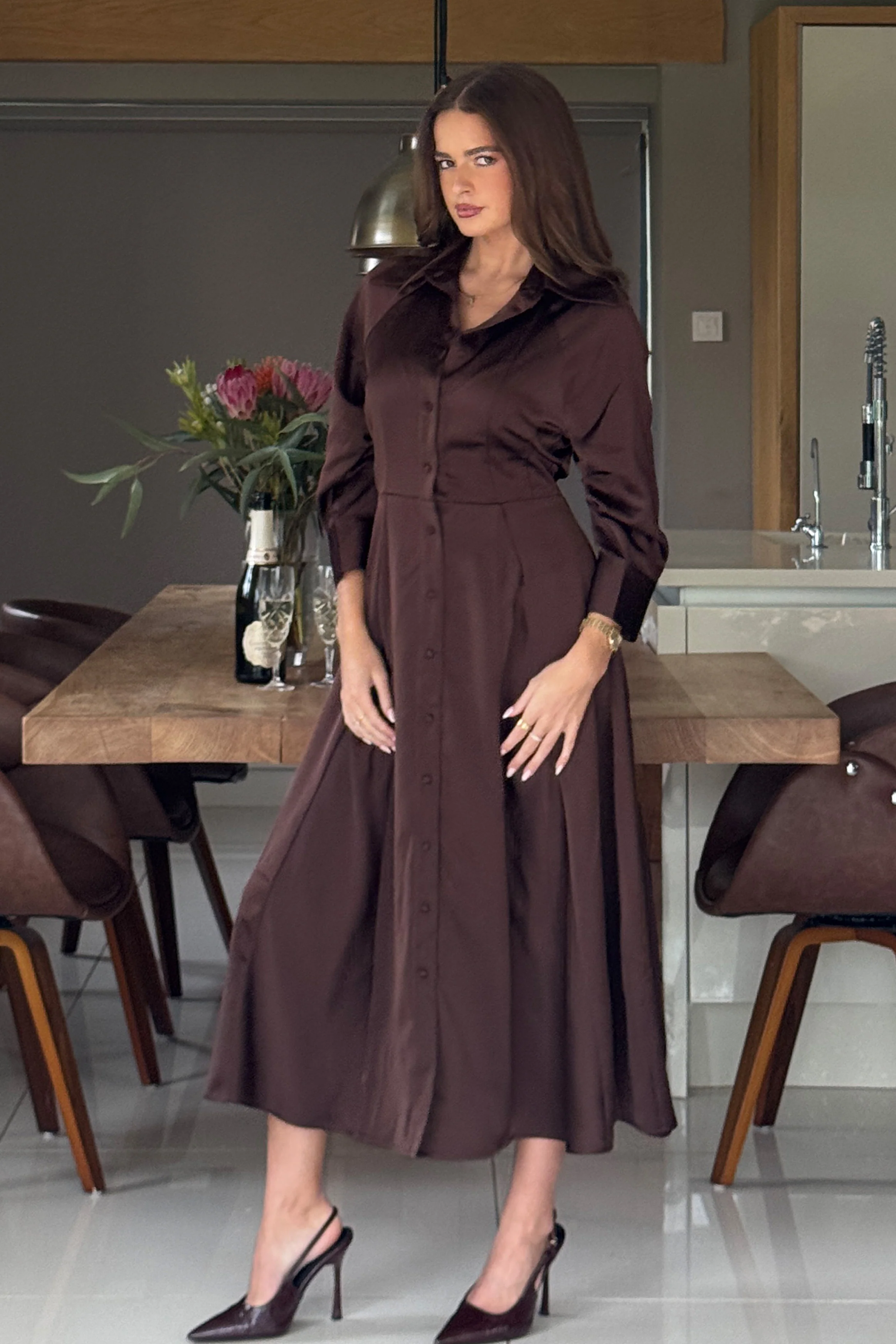 Valeria Satin Shirt Dress Chocolate - Image 5