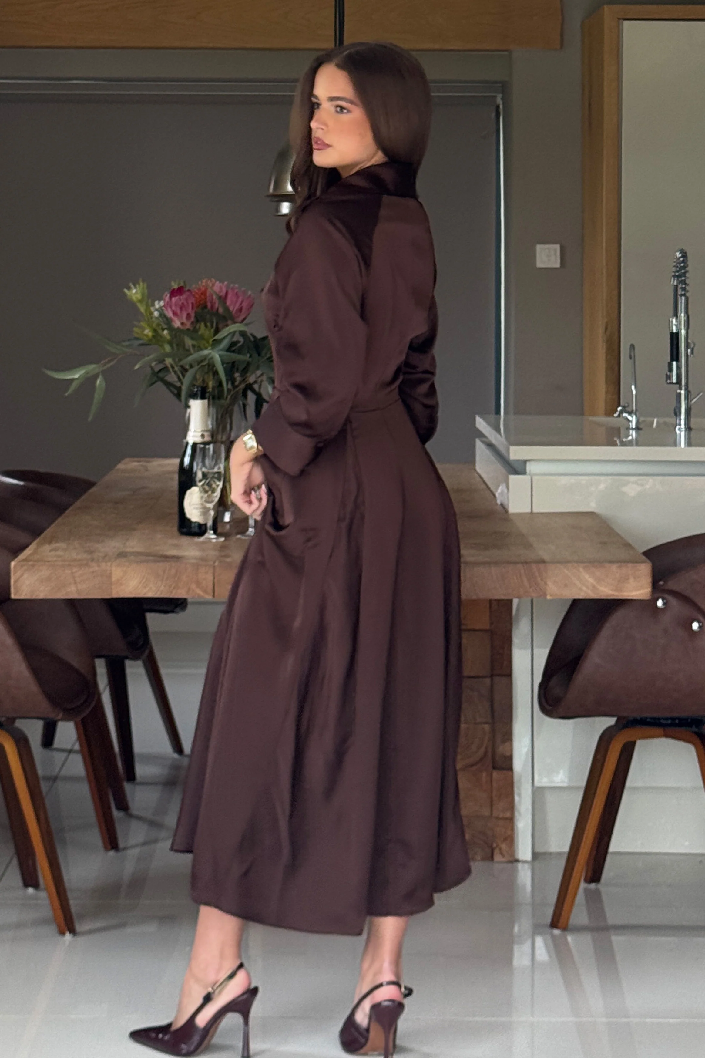 Valeria Satin Shirt Dress Chocolate - Image 6