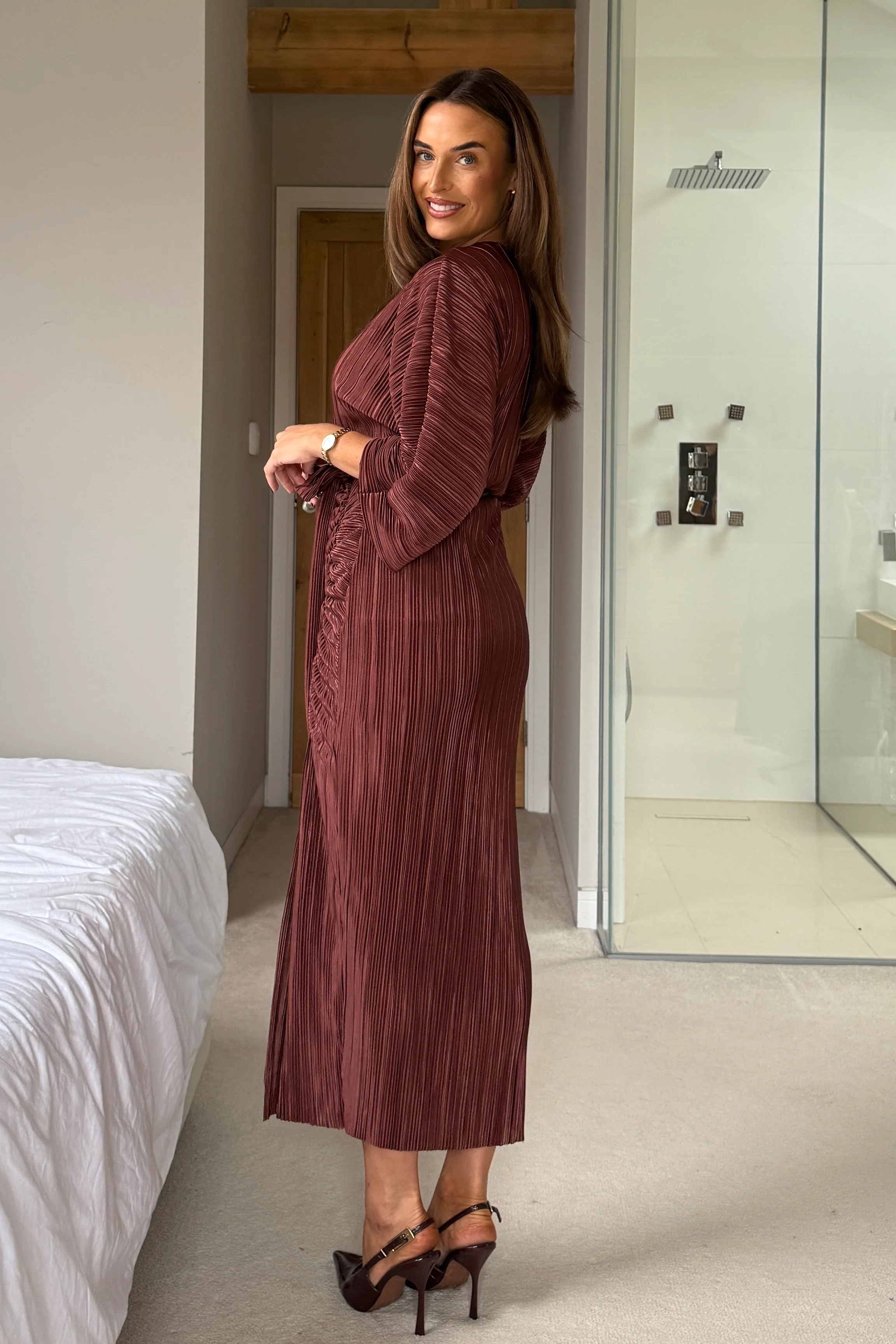 Vendy Off The Shoulder Ruched Detail Midi Dress Brown - Image 5