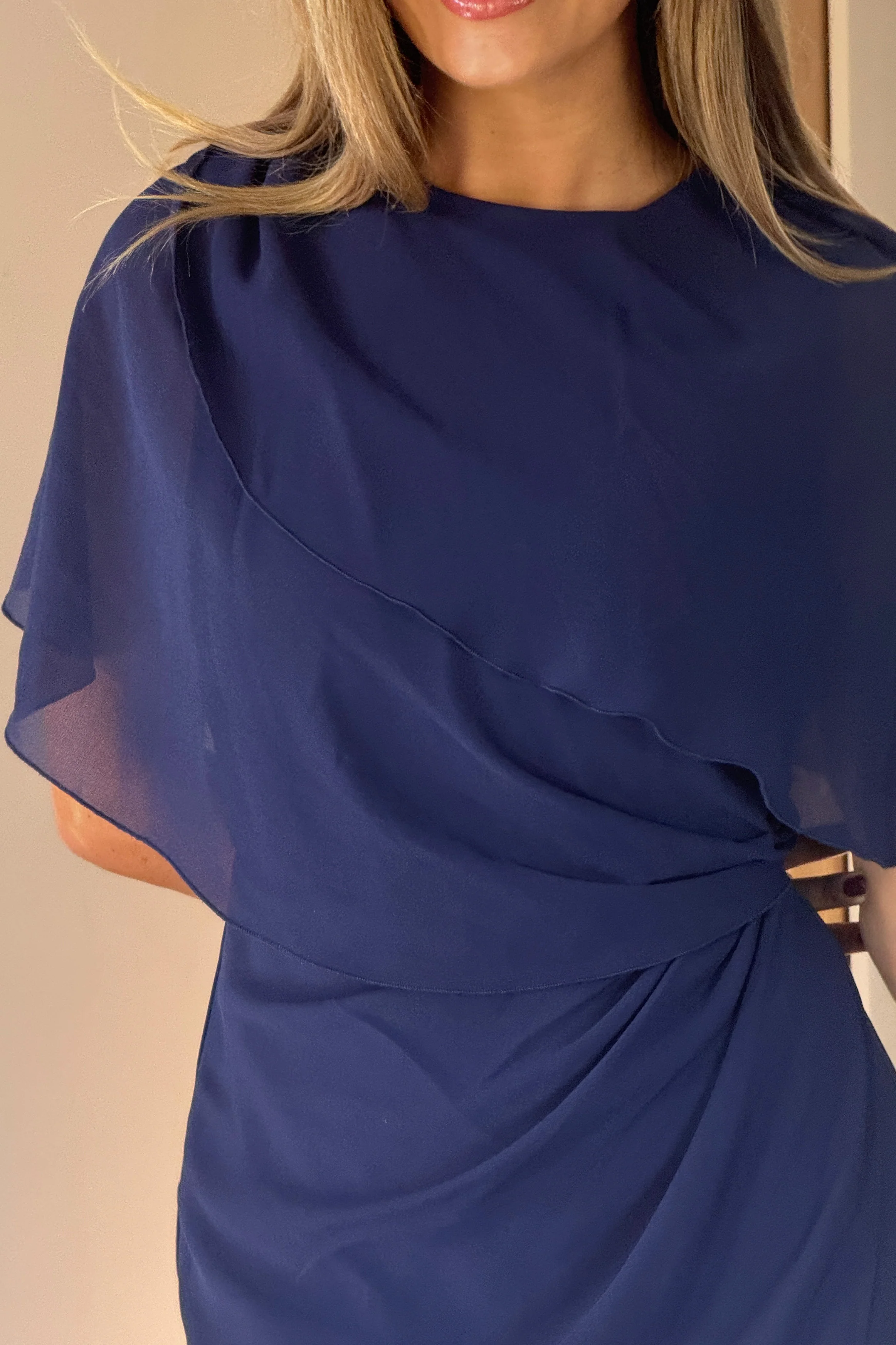 Vivienne Cape Detail Wrap Midi Dress Navy - Image 2