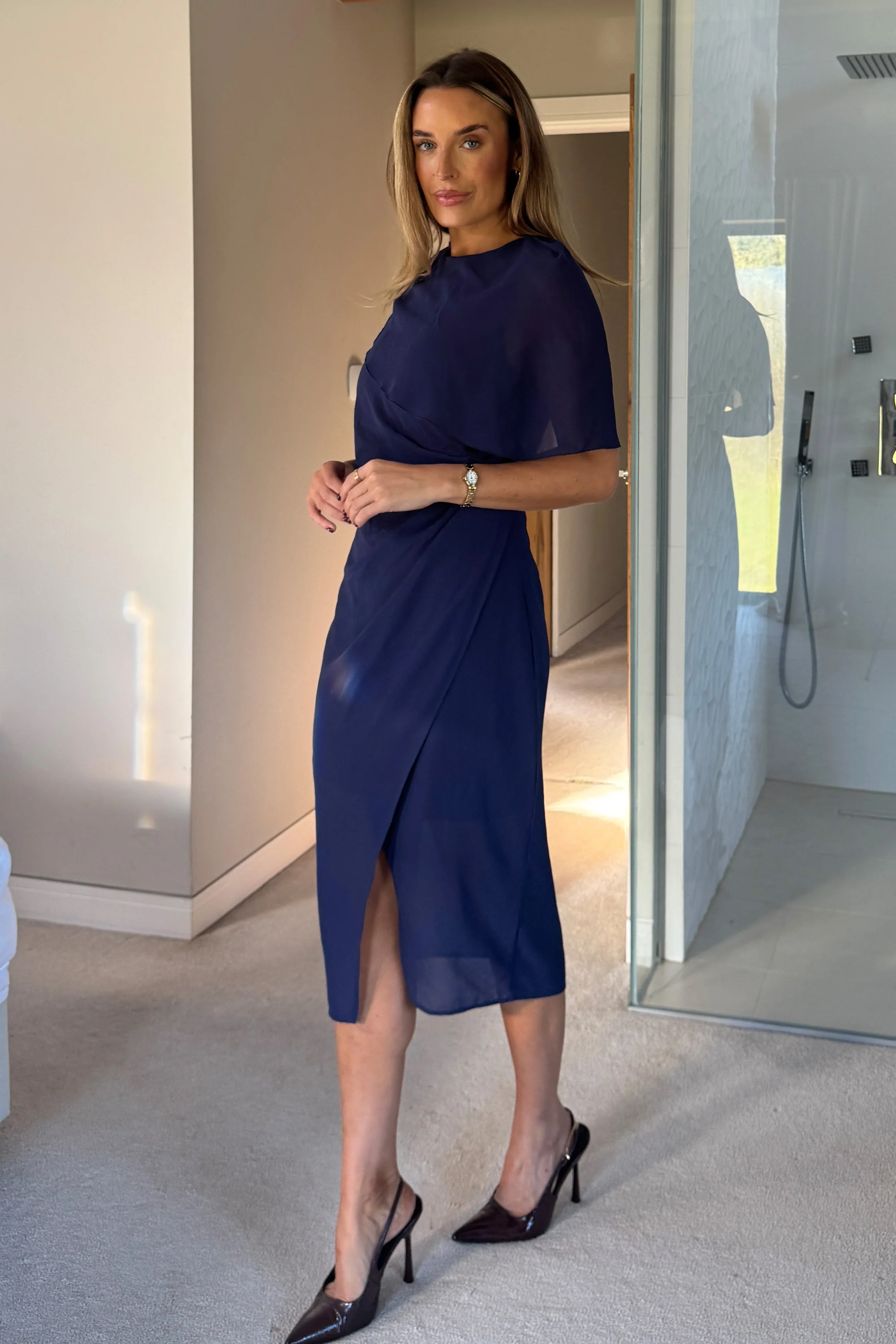 Vivienne Cape Detail Wrap Midi Dress Navy - Image 4