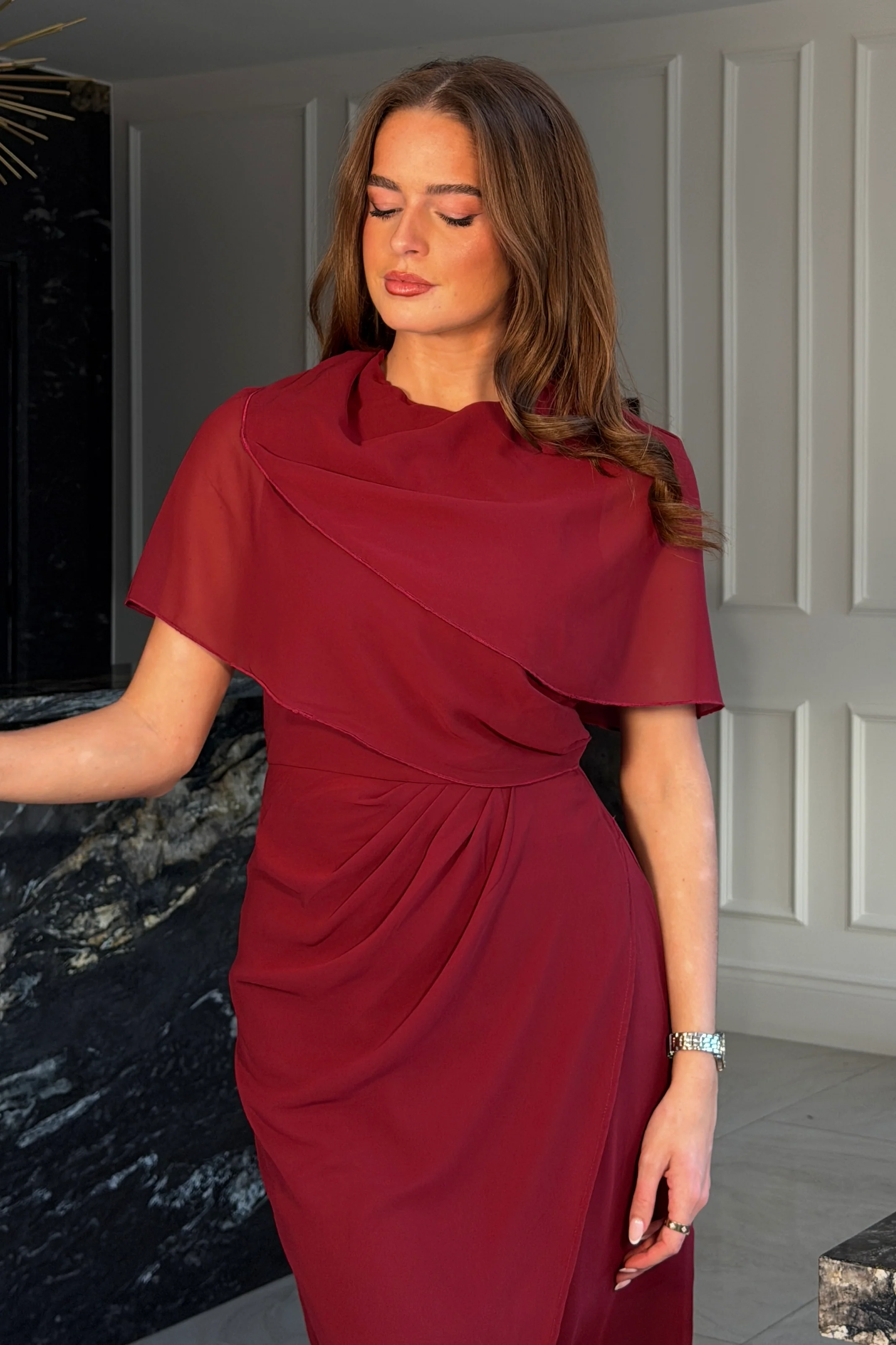 Vivienne Cape Detail Wrap Midi Dress Wine - Image 2