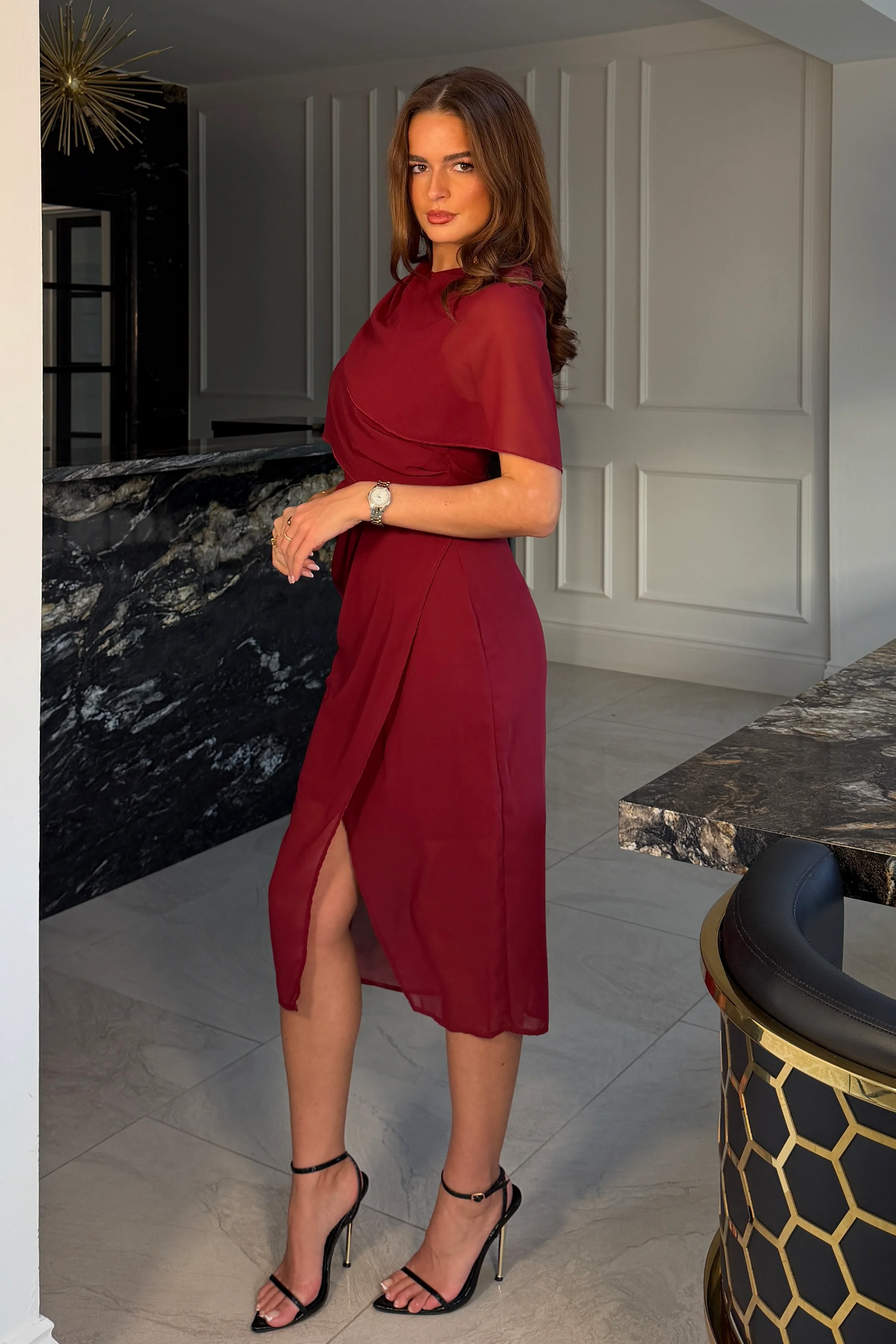 Vivienne Cape Detail Wrap Midi Dress Wine - Image 3