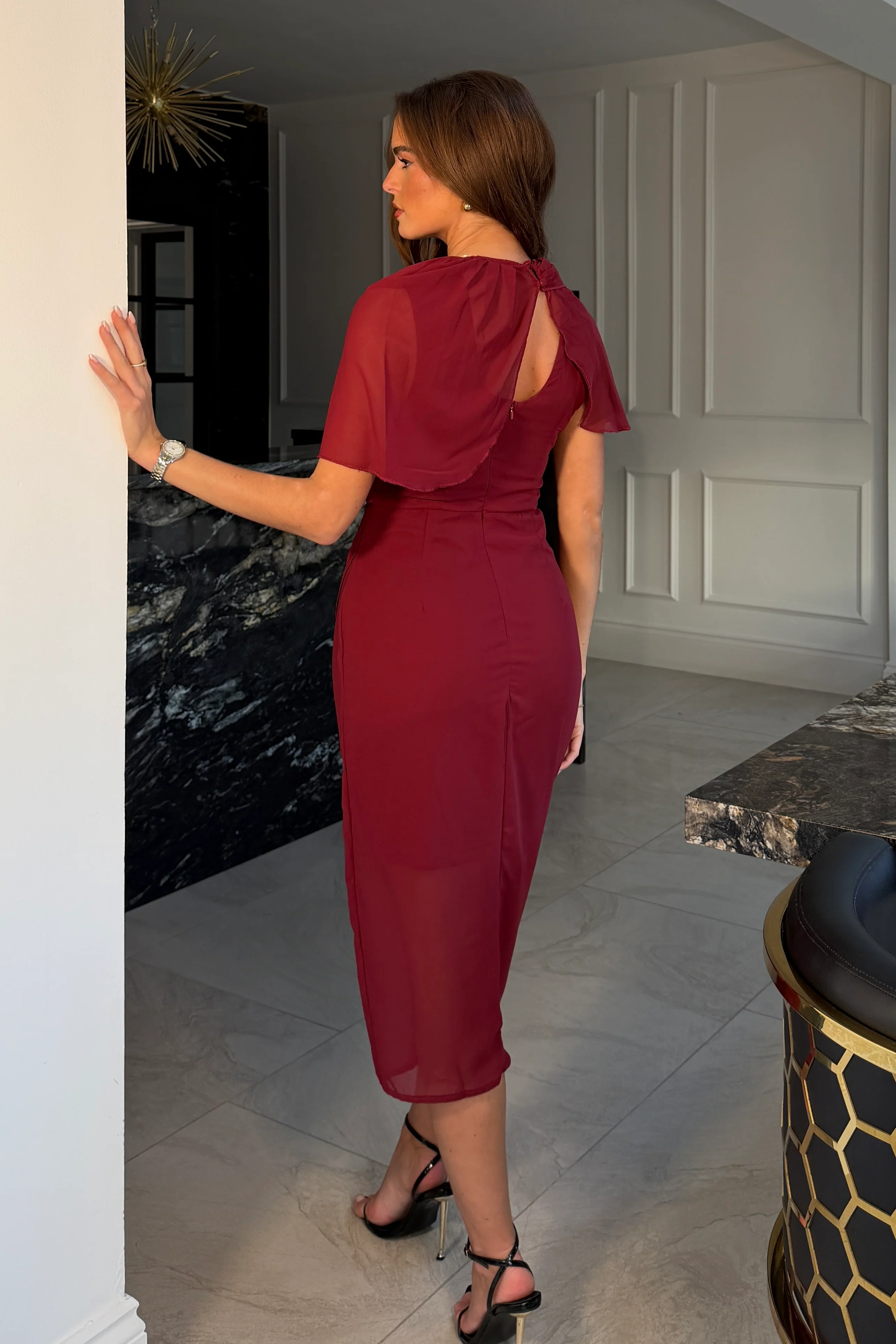Vivienne Cape Detail Wrap Midi Dress Wine - Image 4