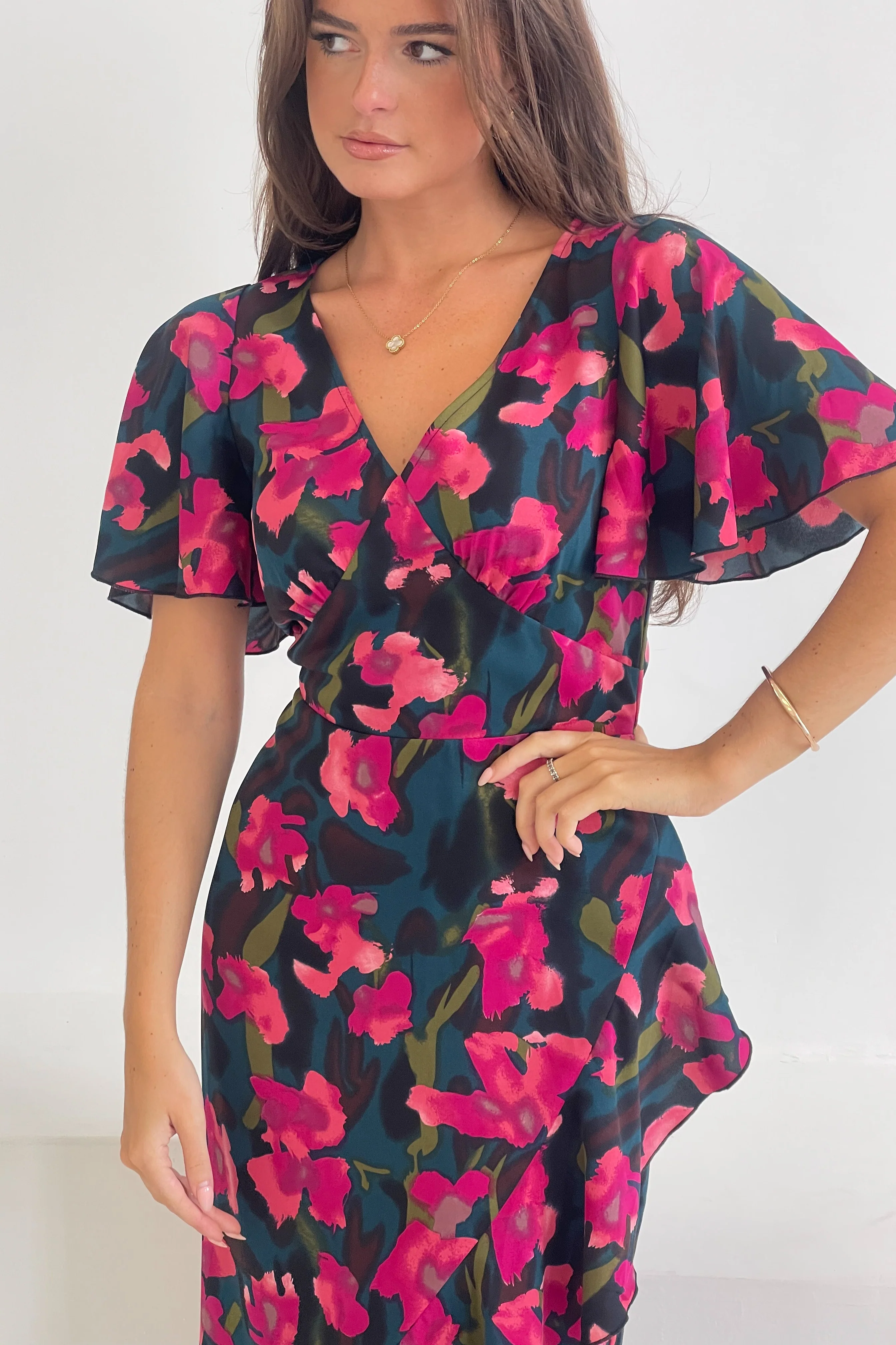 Yara Floral V Neck Frill Midi Dress - Image 2