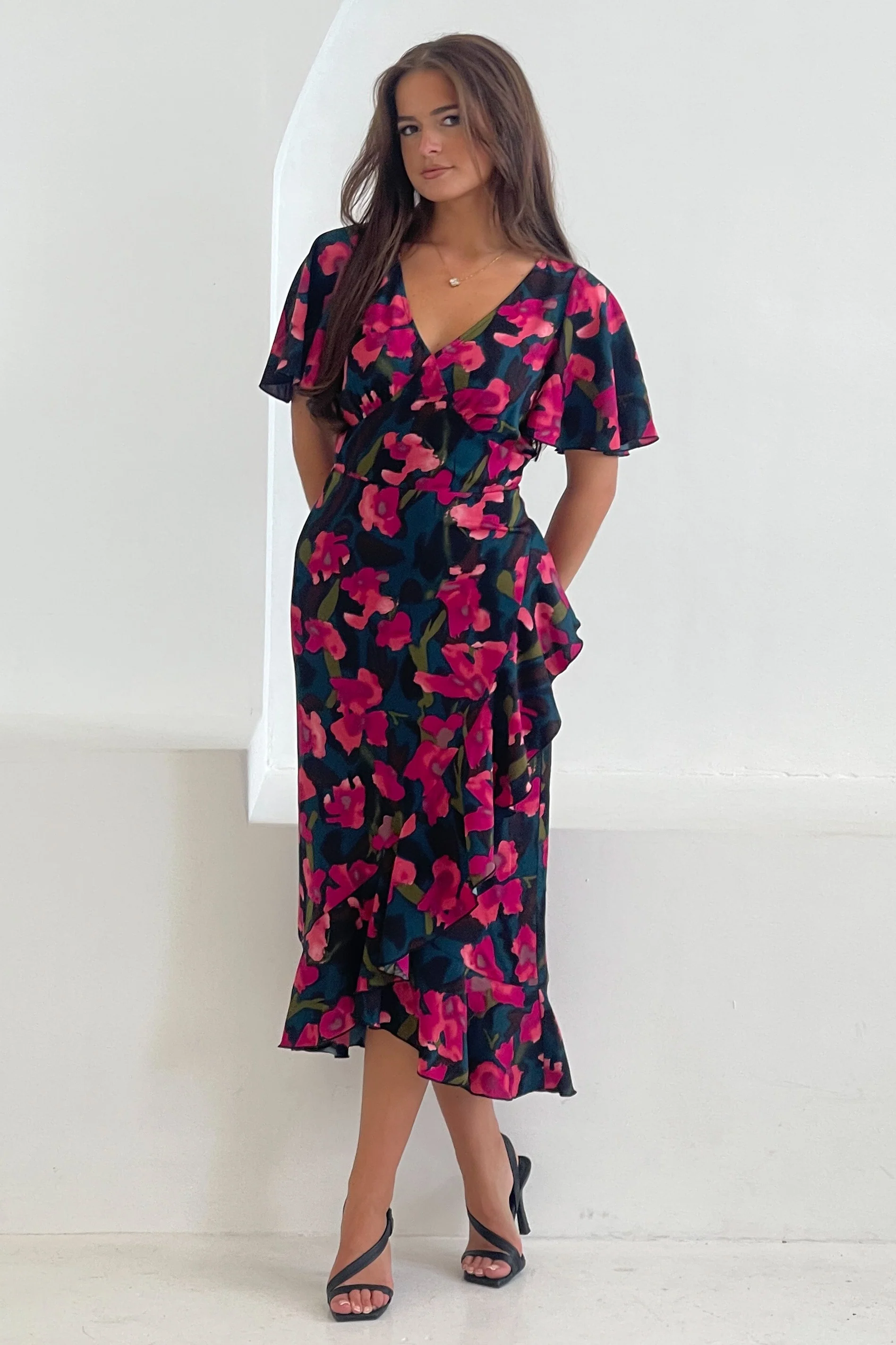 Yara Floral V Neck Frill Midi Dress - Image 3