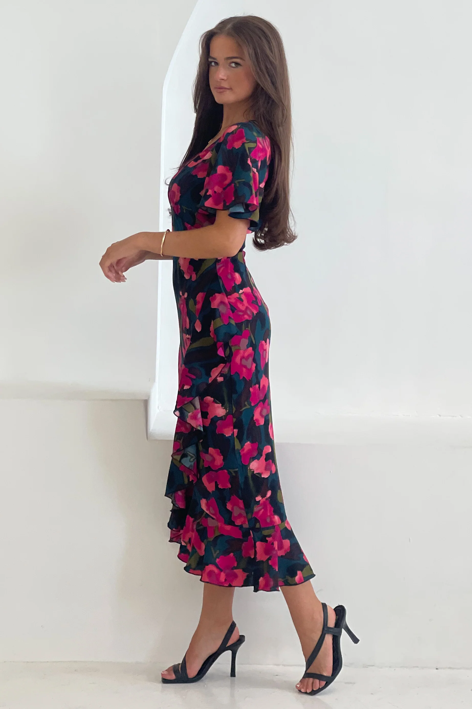 Yara Floral V Neck Frill Midi Dress - Image 4