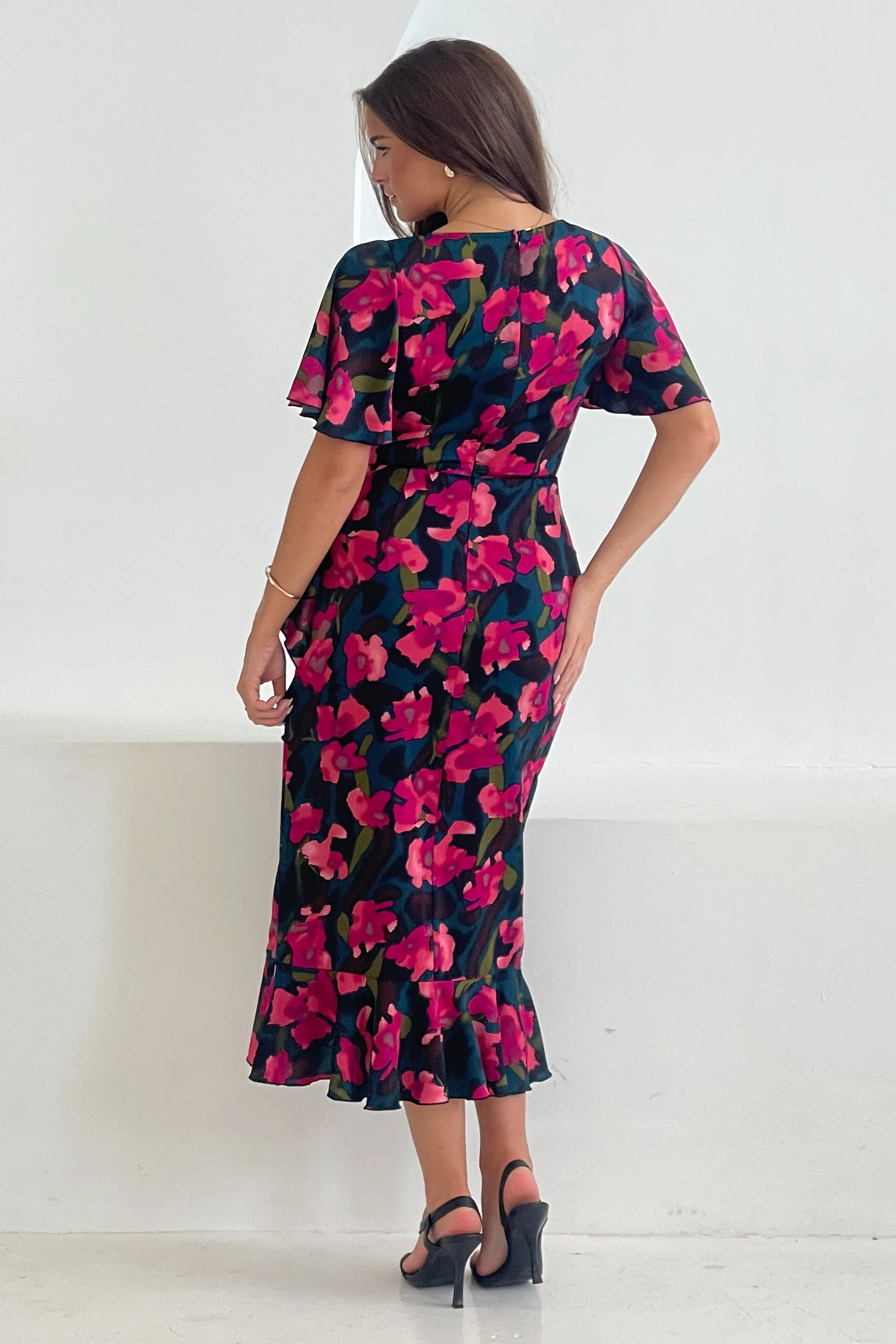 Yara Floral V Neck Frill Midi Dress - Image 5