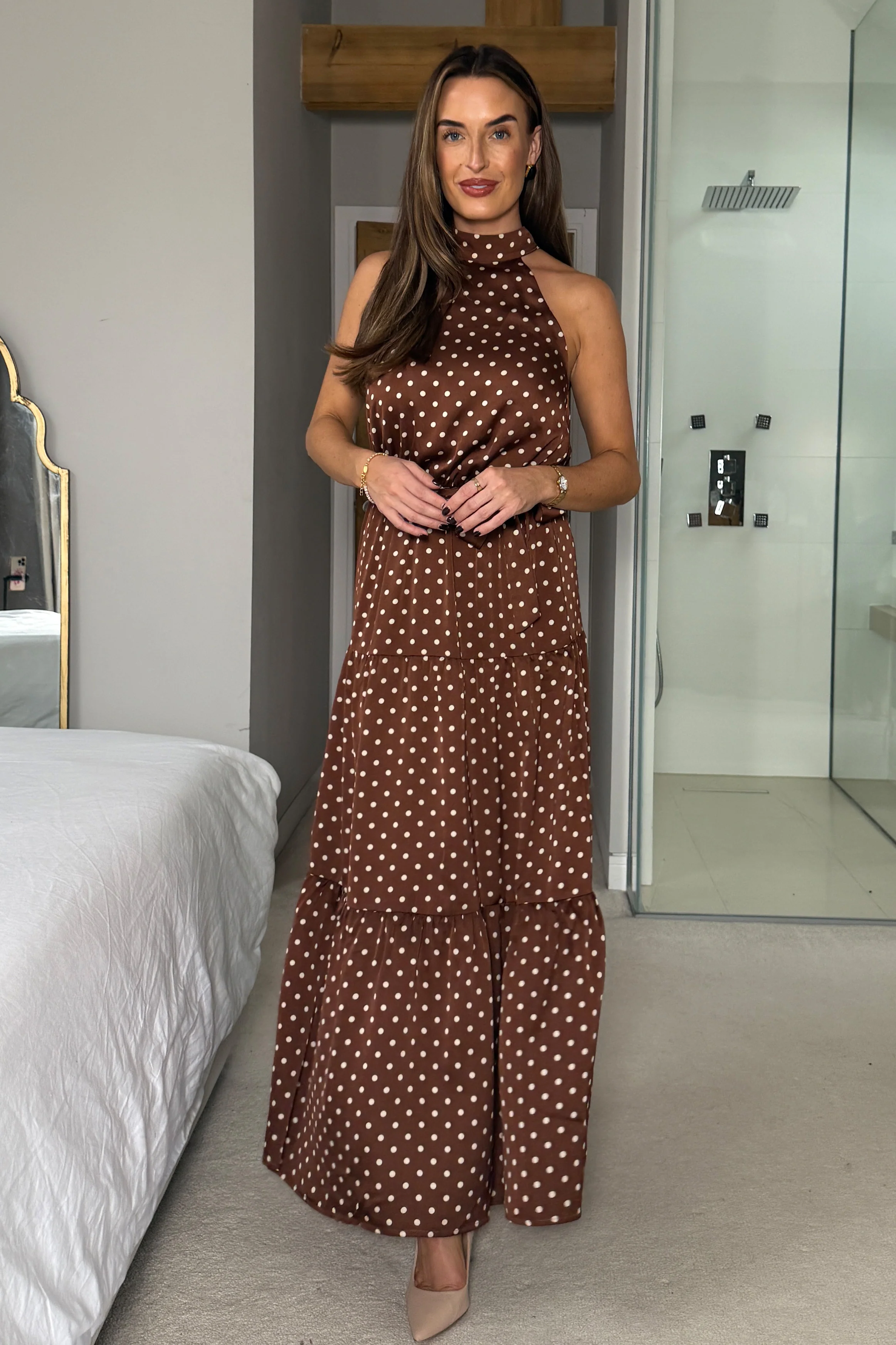 Zaynab Halterneck Tiered Maxi Dress Brown Spot - Image 3