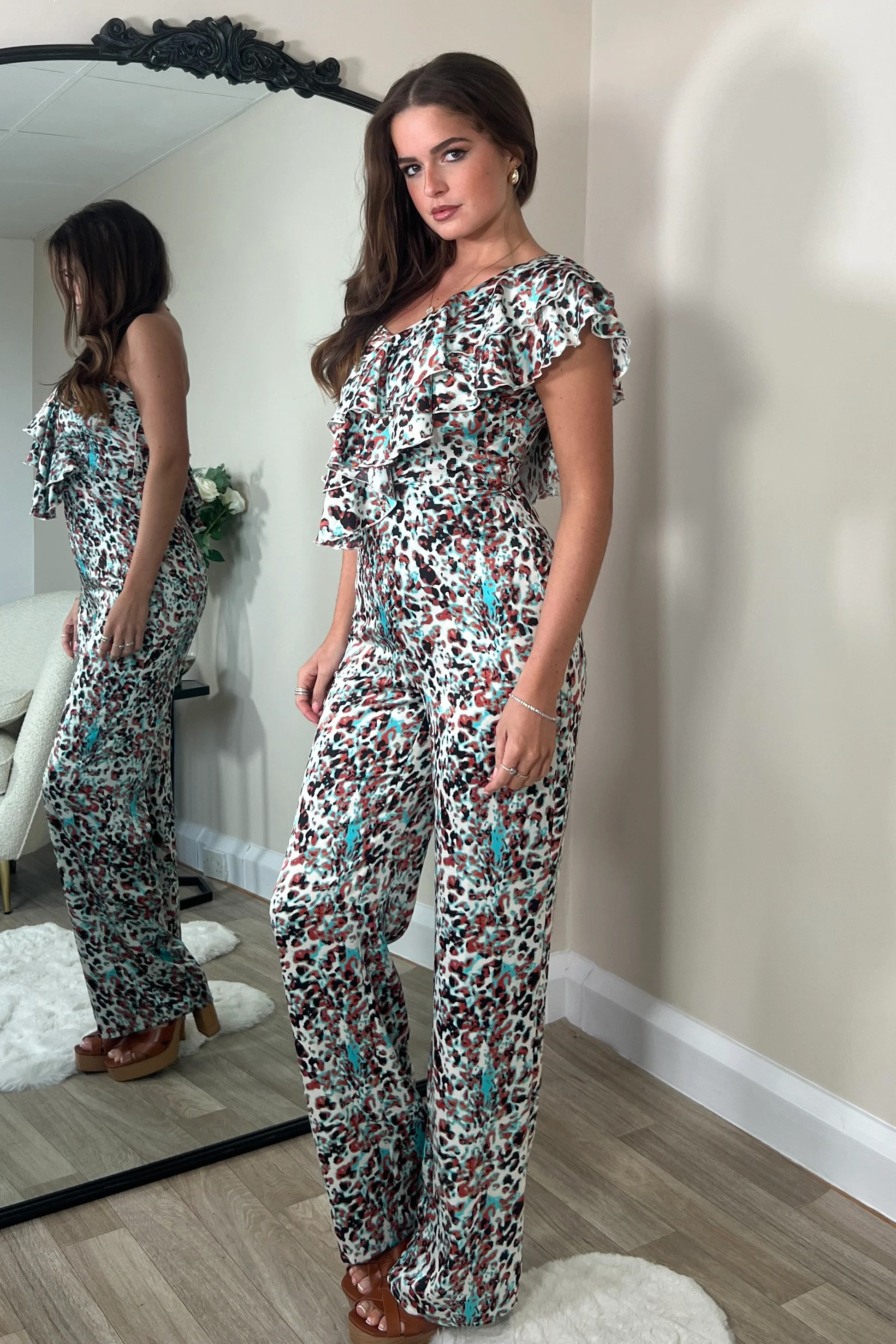 Zoey One Shoulder Exaggerated Ruffle Jumpsuit Animal Print - Image 3